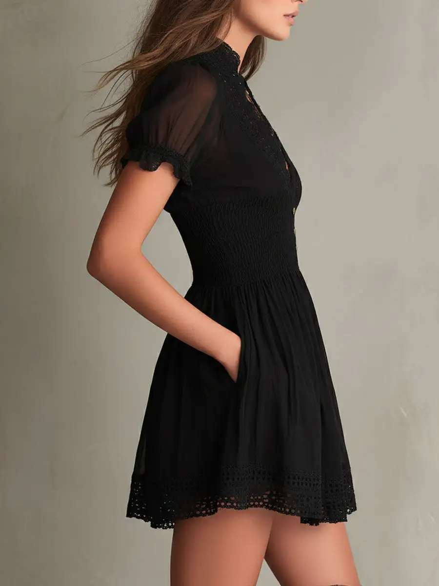 Classic Muse Smocked Lace-Trim Black  Mini Dress