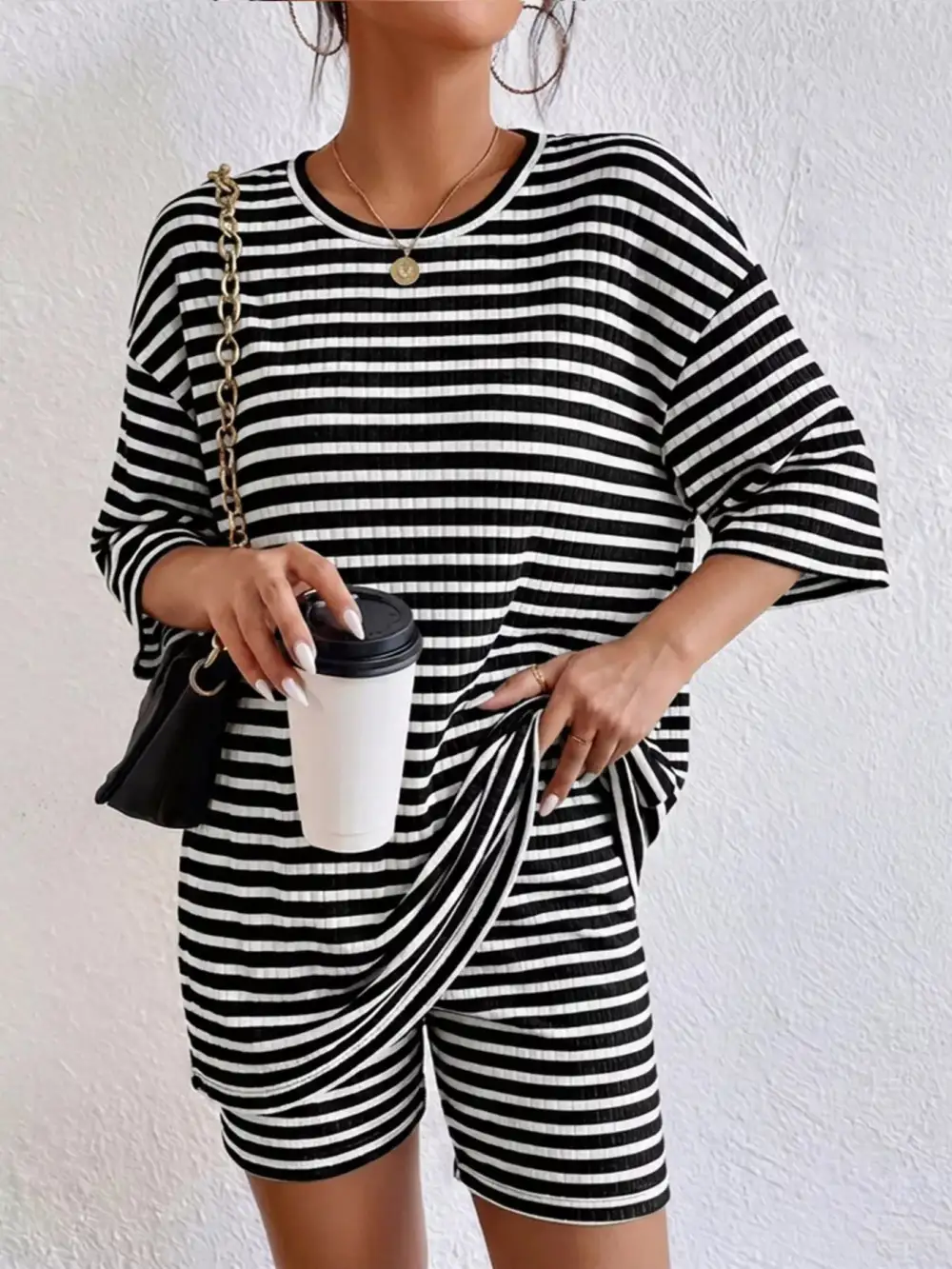 Striped Round Neck Top Shorts Set