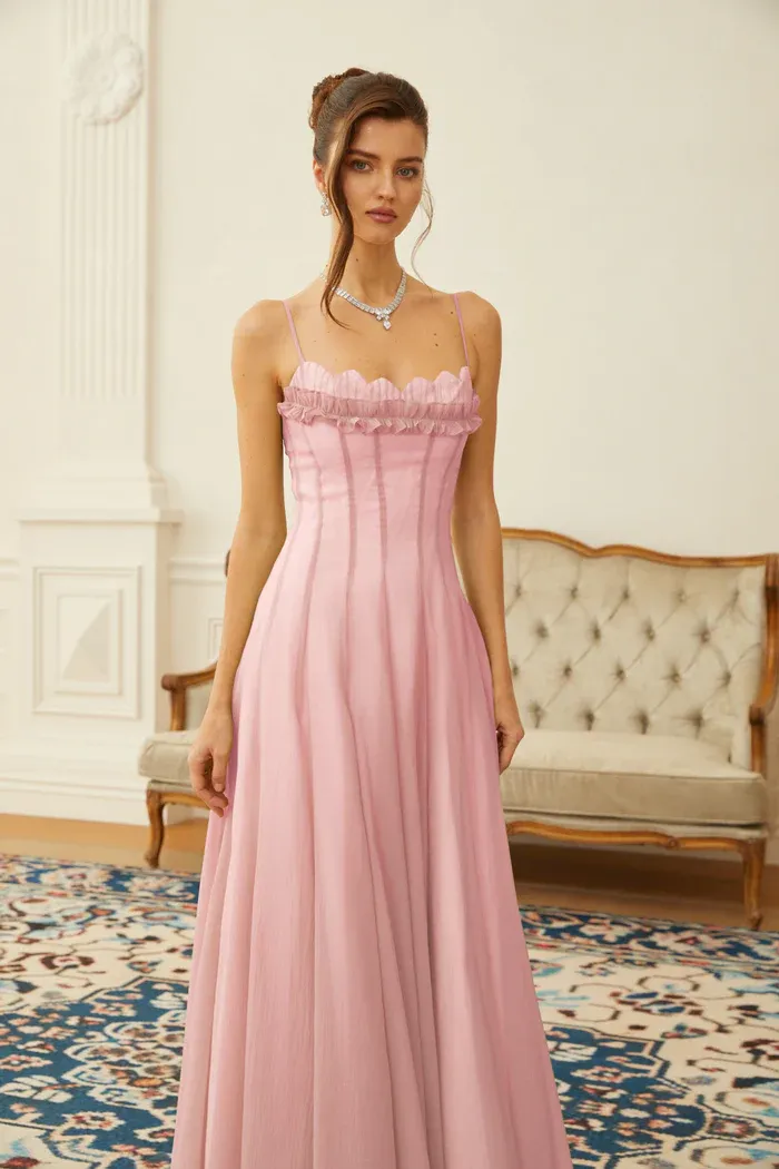Matcha Ruffled Shirred Tulle Maxi Dress