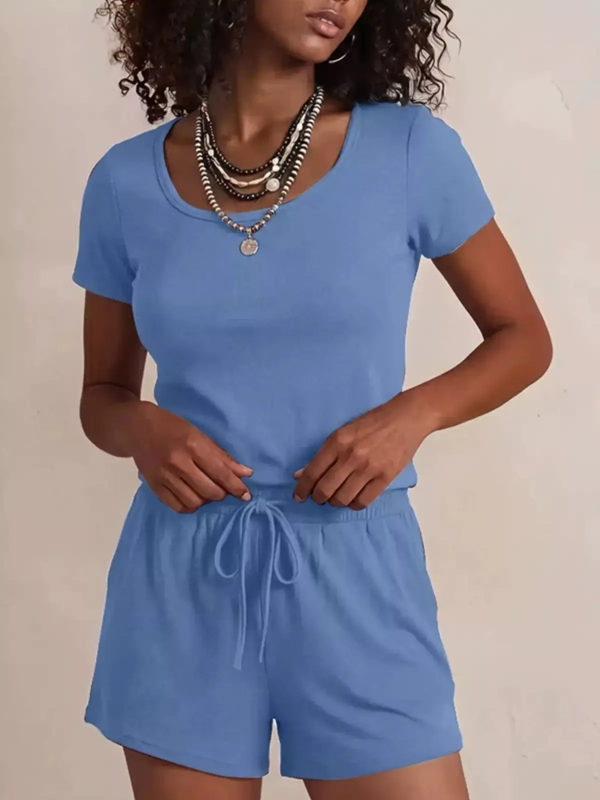 Drawstring Pocketed Tee and Shorts Matching Set