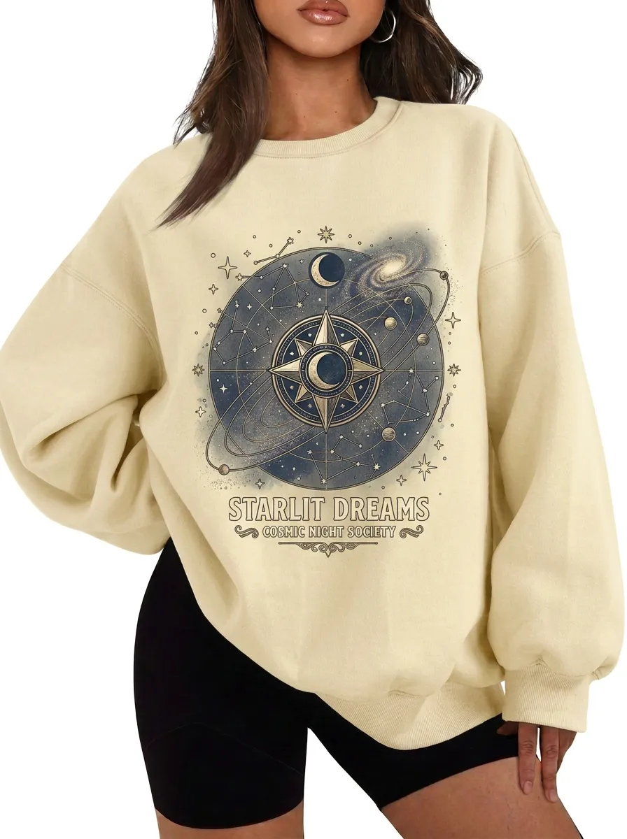 Women's Celestial Starlit Dreams Cosmic Compass Printed T-shirt