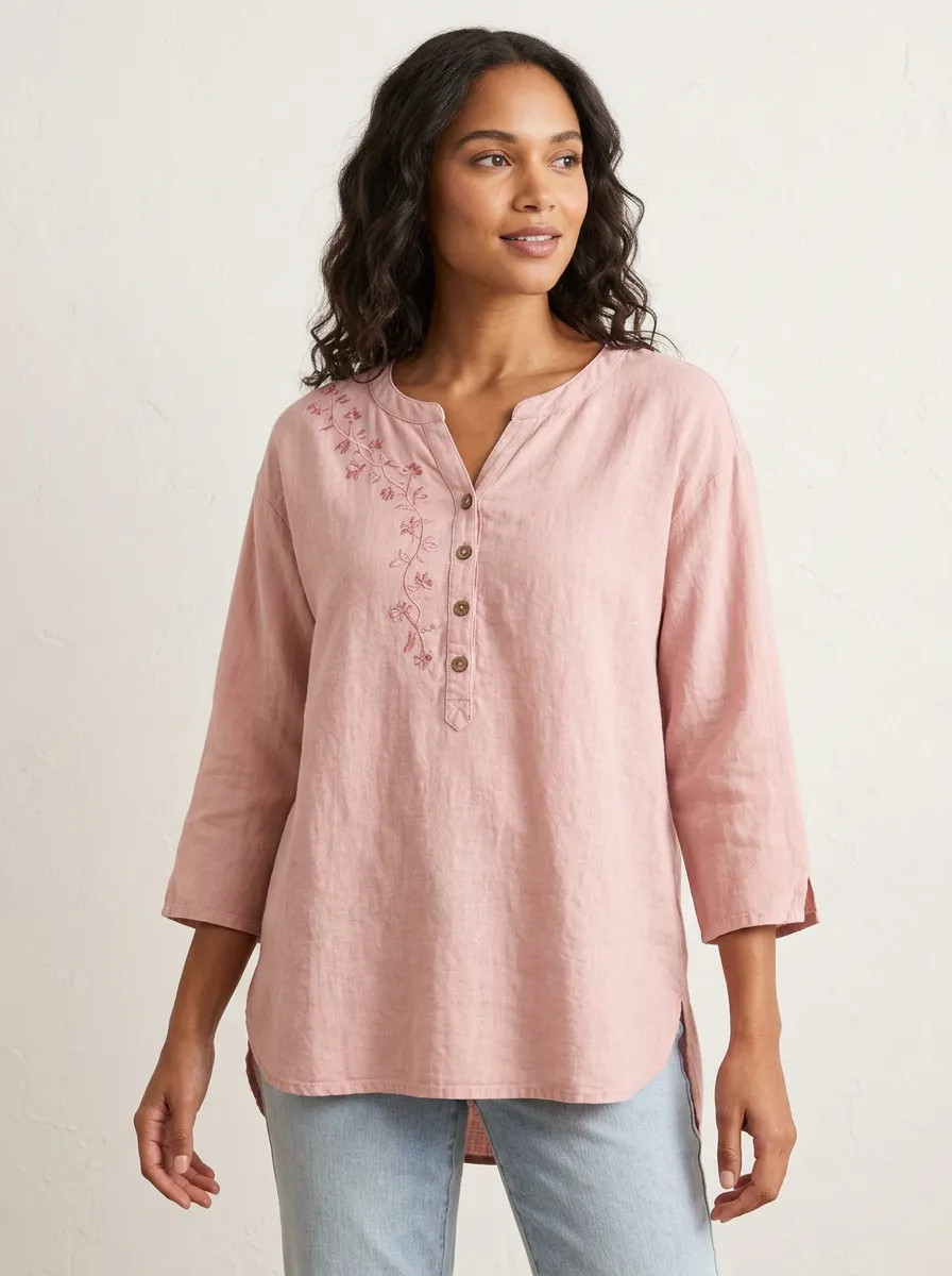 Women's Casual Floral Embroidery Pink Printed Henley Cotton And Linen Top