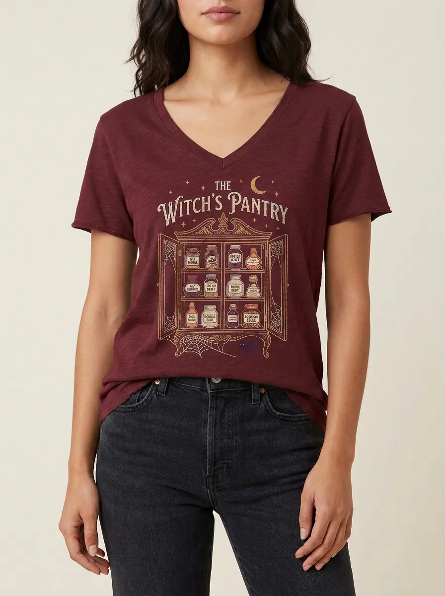 Women's Halloween Witch Pantry Potion Jar Printed V-Neck T-Shirt