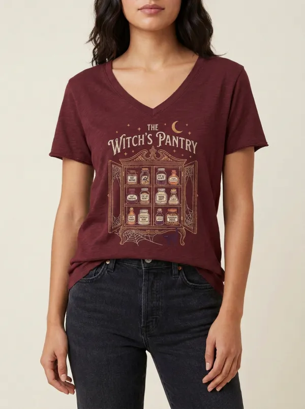Women's Halloween Witch Pantry Potion Jar Printed V-Neck T-Shirt