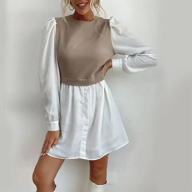 Women's Shirt Puff-Sleeve Button-Detail Dress