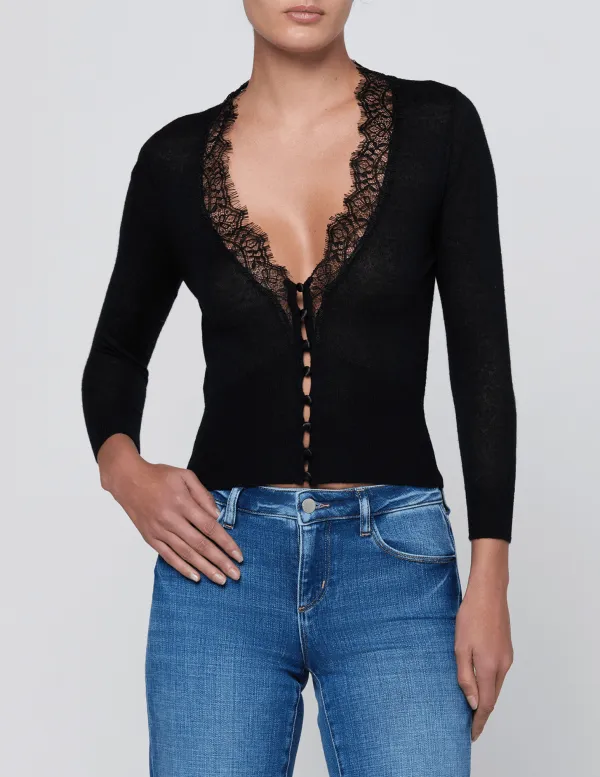 Silk-Blend Button-Front Slim-Fit Lace-Trim Cardigan
