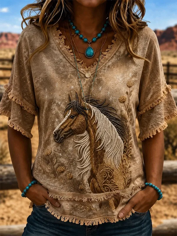 Women'S Retro Embroidered Line Horse Print Tassel Top