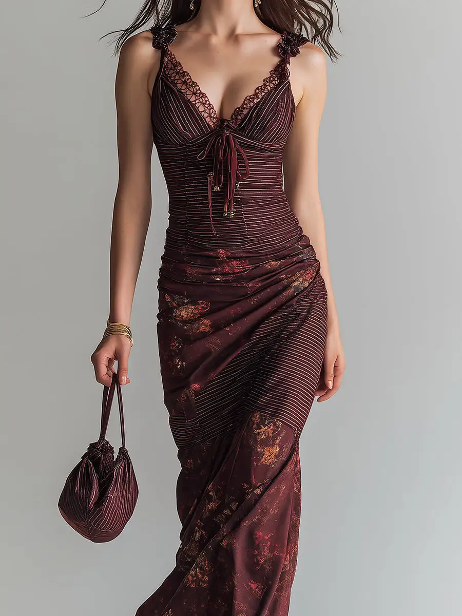 Retro Striped Flower Splicing Suspender Maxi Dress