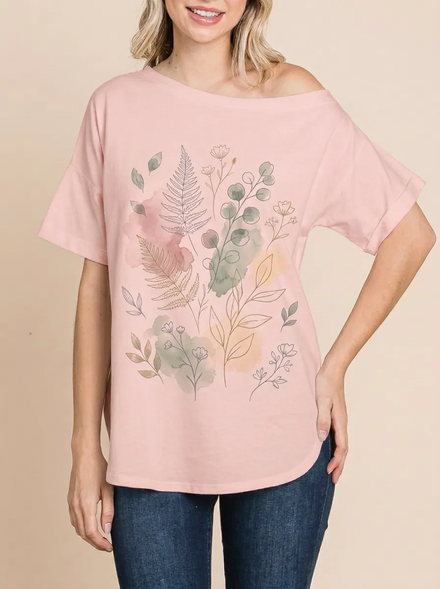 Women's Botanical Nature Lover Watercolor Fern Printed T-shirt