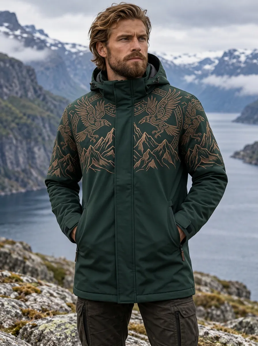 Men's Viking-Inspired Raven Mountain Hooded Utility Jacket