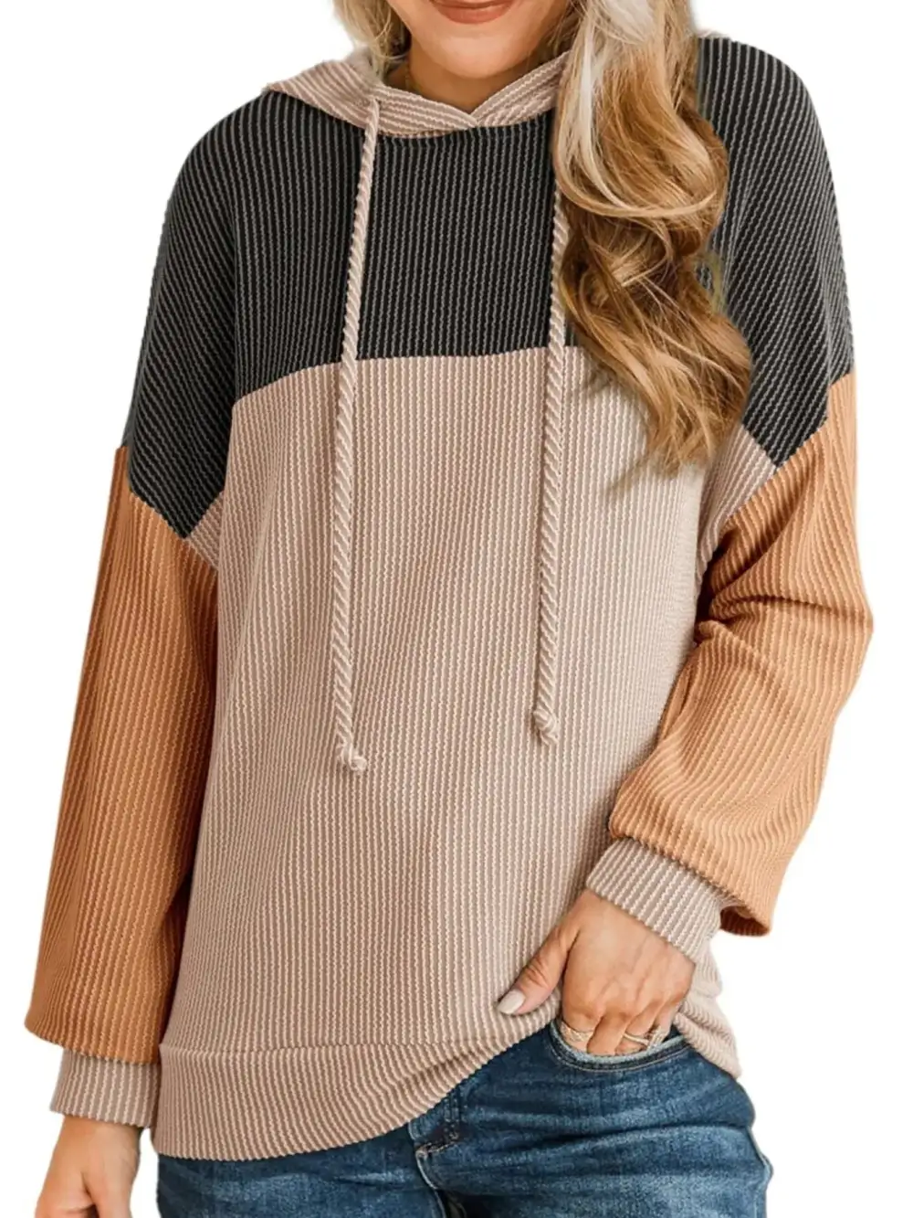 Relaxed Drawstring Long-Sleeve Colorblock Hoodie