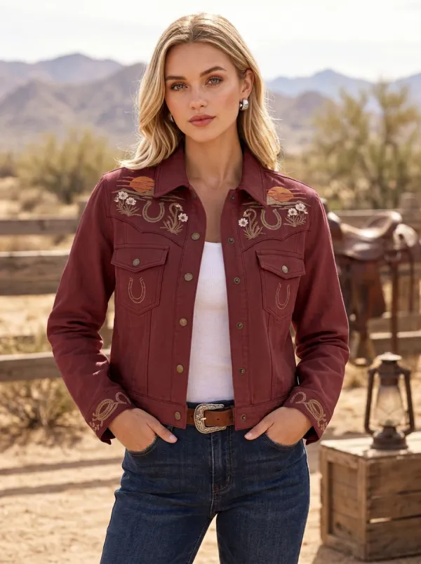 Women's Western Cowboy Horseshoe Horse Sunset Sun Denim Jacket