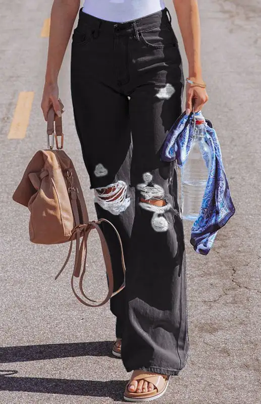 Ripped High Rise Wide Leg Denim Jeans
