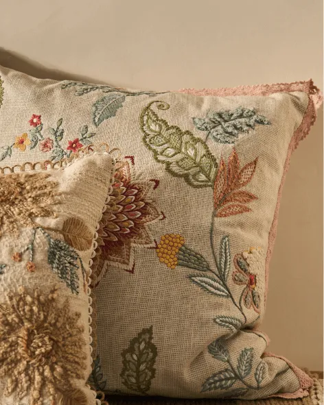 Embroidered Botanical Cotton Decorative Cushion Cover