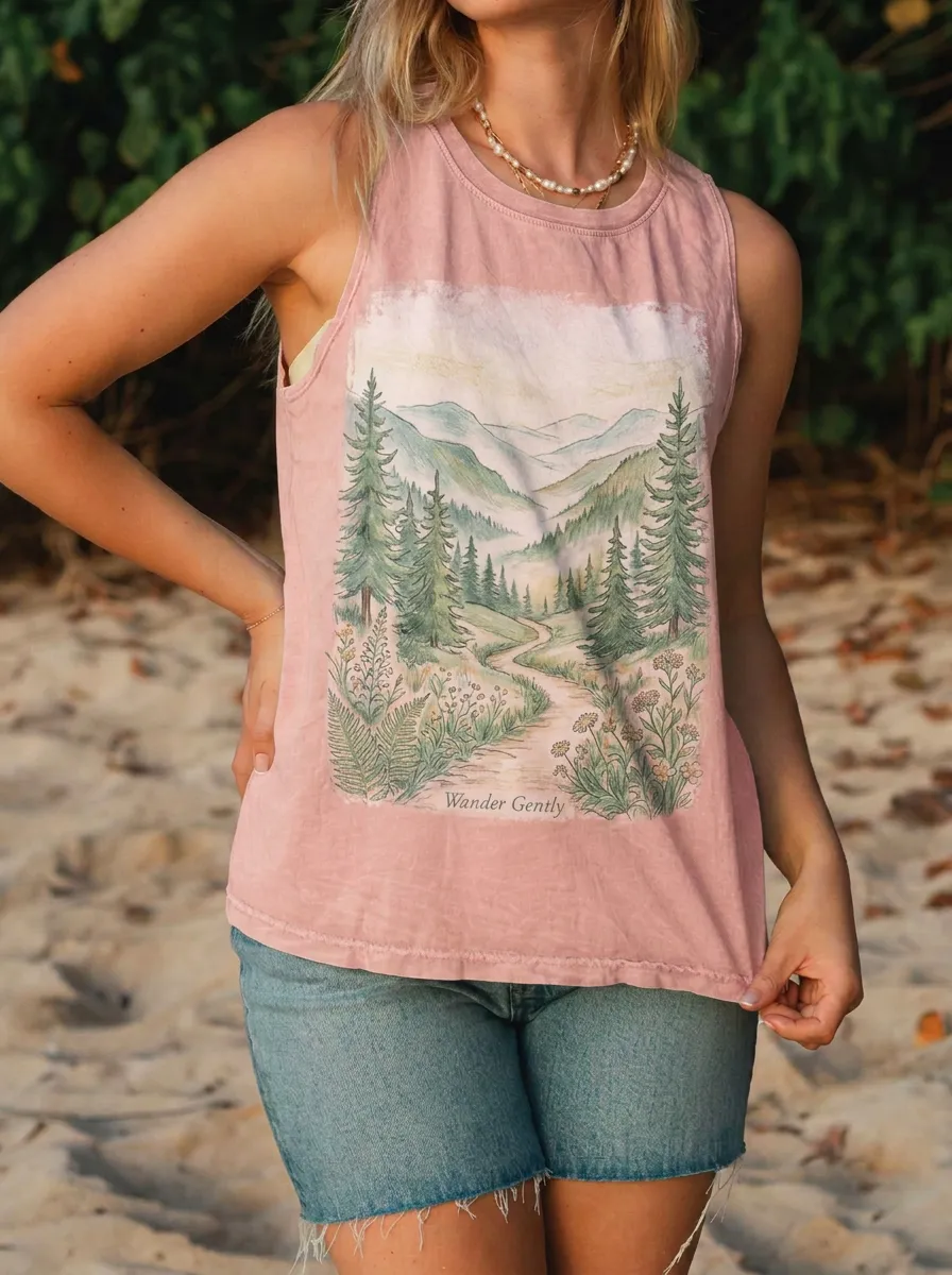 Women's Nature Lover Forest Mountain Path Printed Tank Top