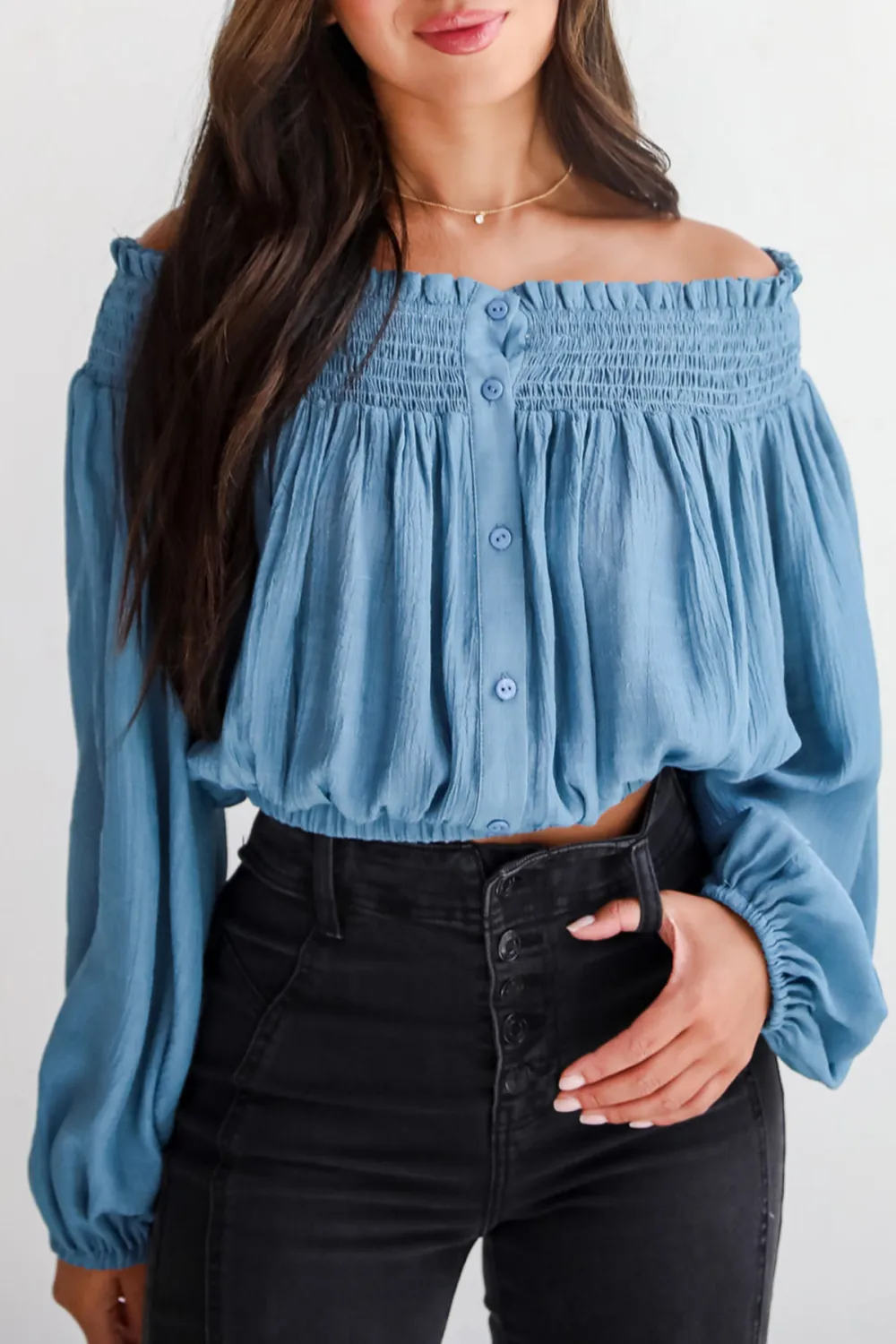 Blue Off-The-Shoulder Cropped Blouse