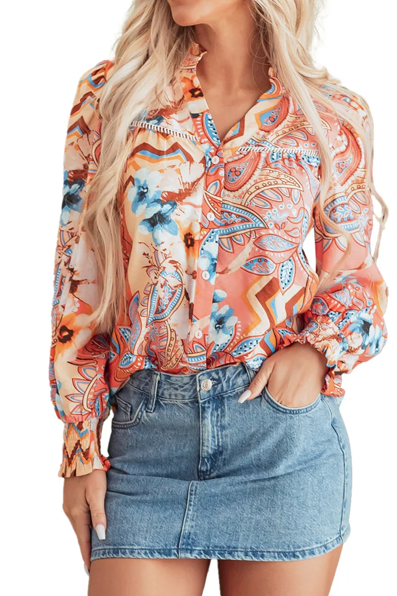 Floral Shirred Relaxed Fit Shirt Blouse