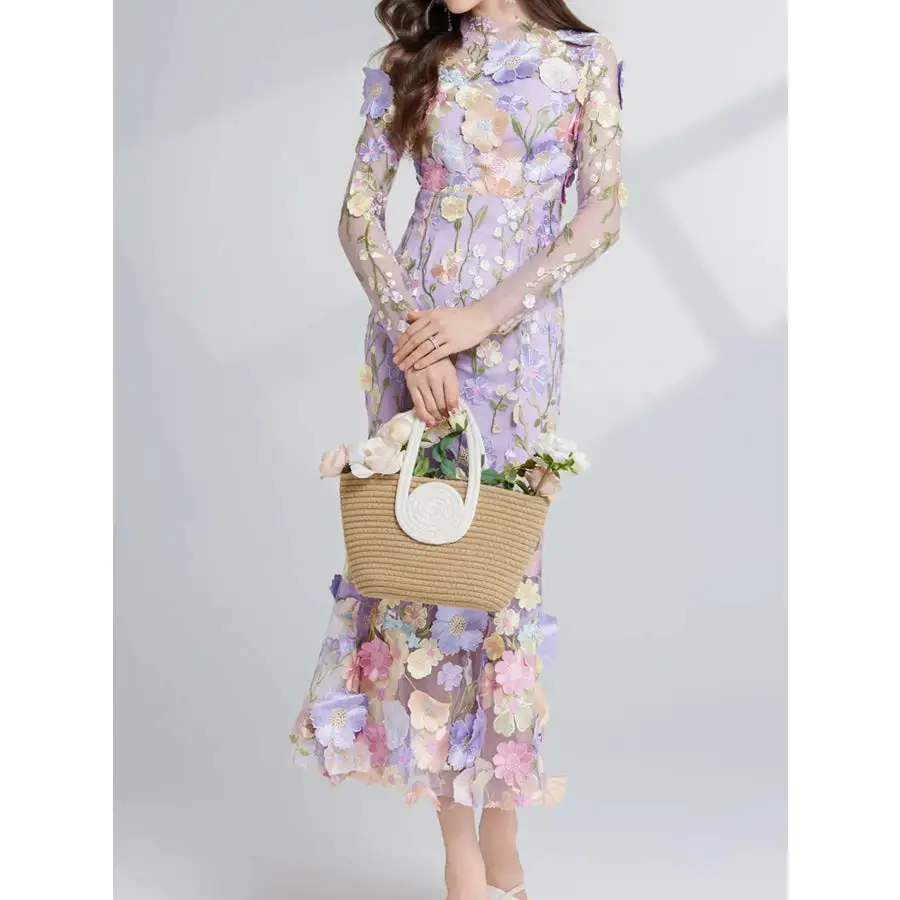 Embroidered Mesh Long Sleeve Midi Dress