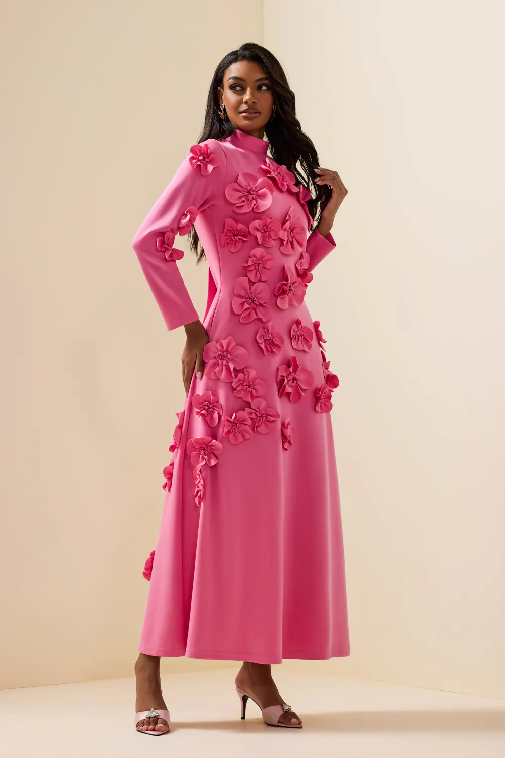 3D Flower Stand Collar Long Sleeve Midi Dress