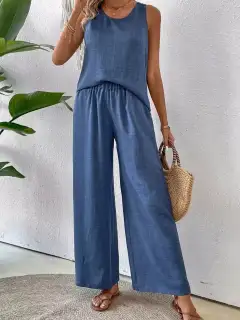 Round-Neck Cutout Pants Matching Set