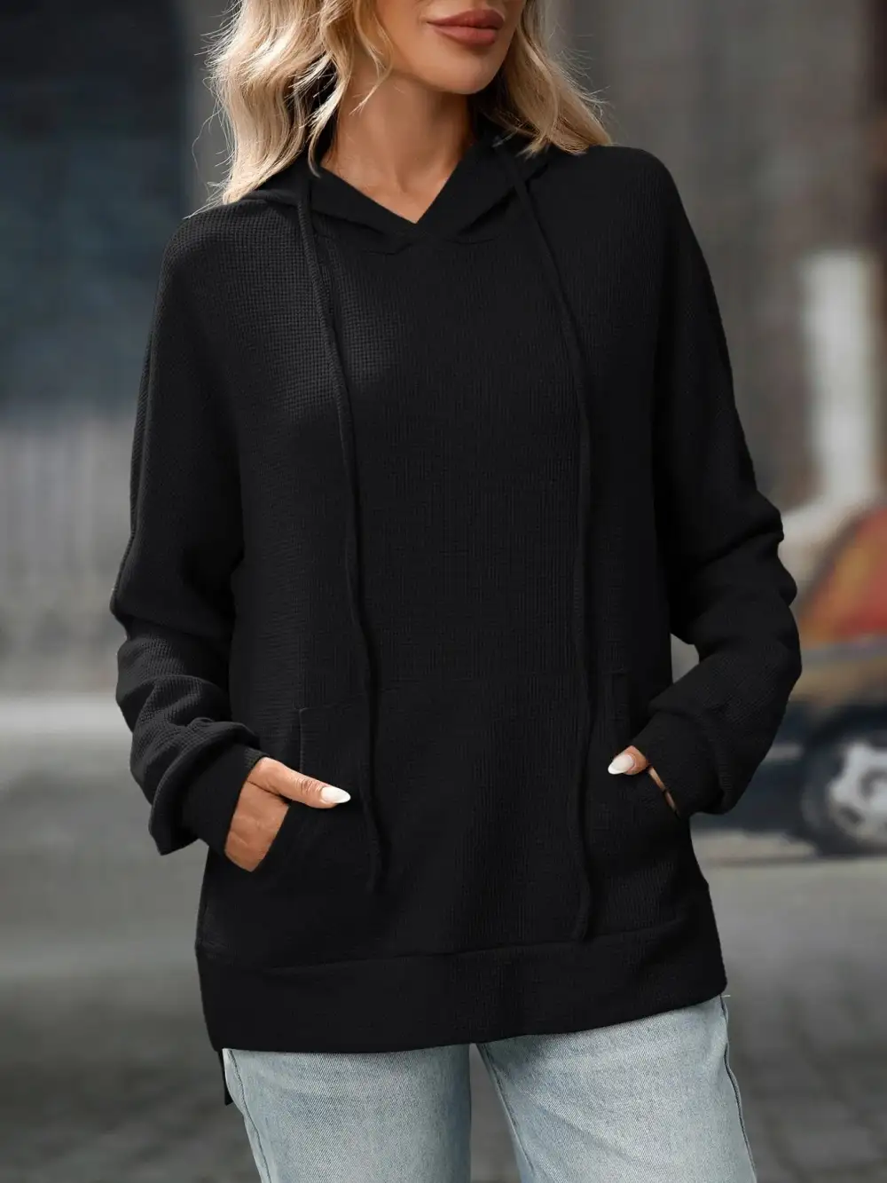Refined Drawstring Pocketed Long-Sleeve Textured Hoodie