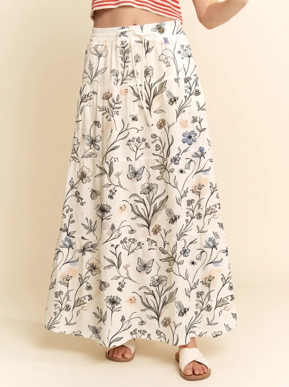 Women's Nature Lover Floral Bee Butterfly Printed Maxi Skirt