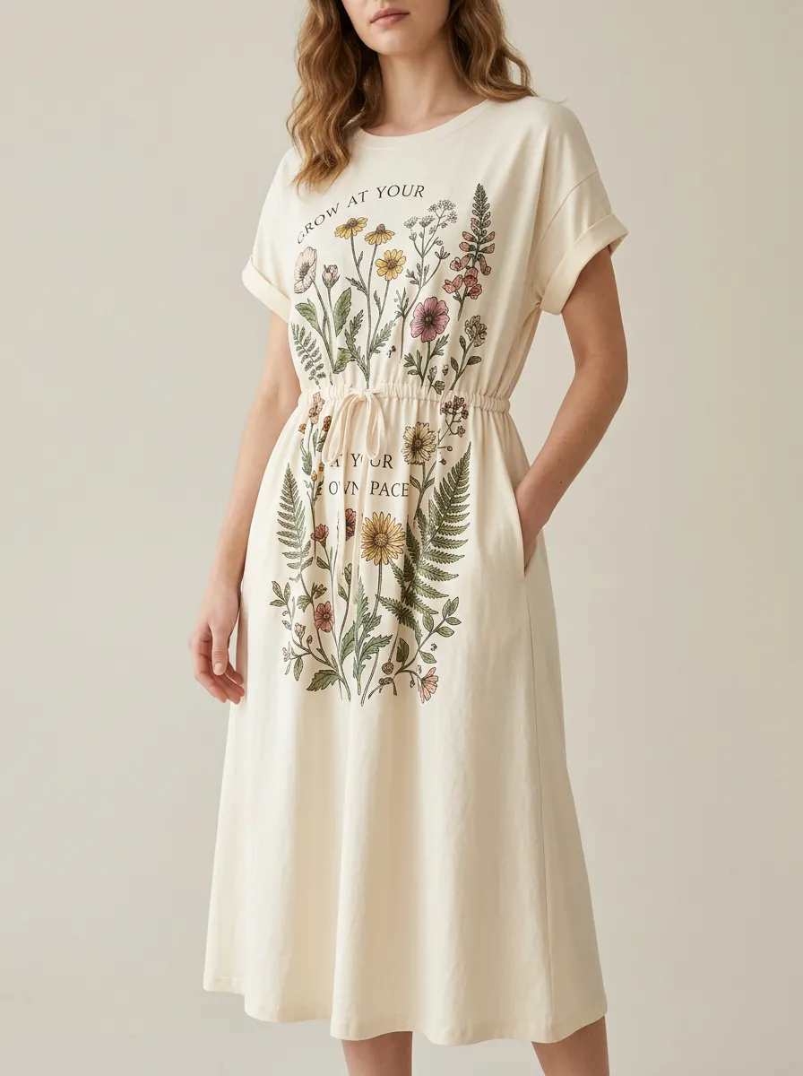 Women's Botanical Quote Grow At Your Own Pace Printed Dress
