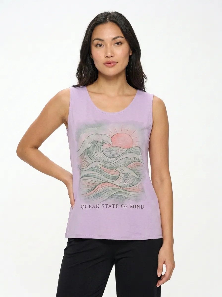 Women's Ocean Lover Sunset Wave Printed Tank Top