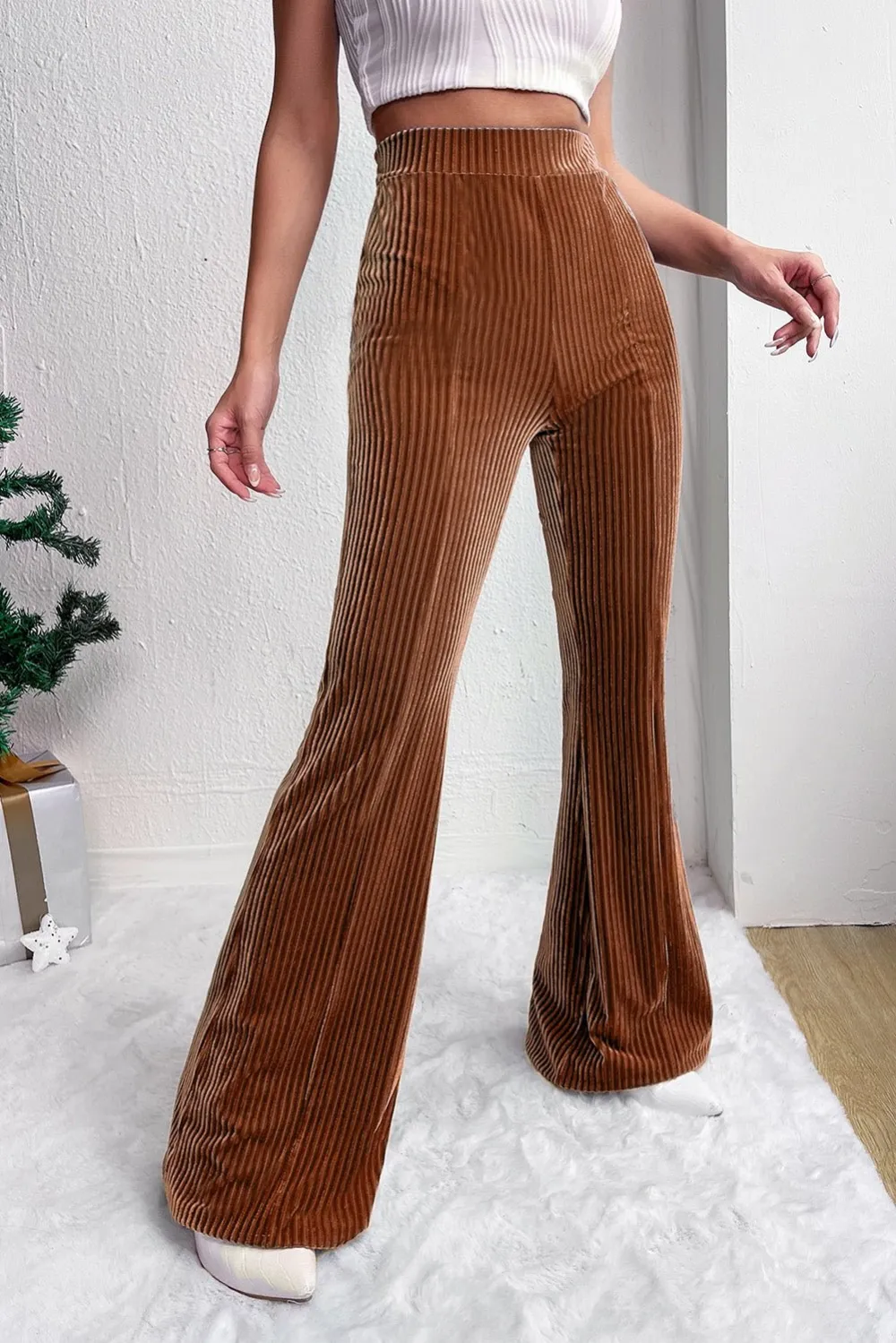 Relaxed Corduroy High Waist Flared Casual Pants