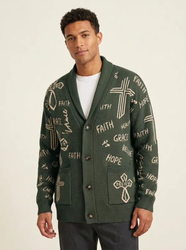 Men's Christian Faith Cross Hope Printed Cardigan Sweater