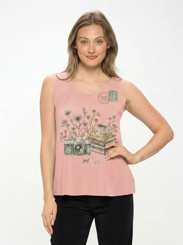 Women's Camera Books Flowers Coffee Printed Tank Top