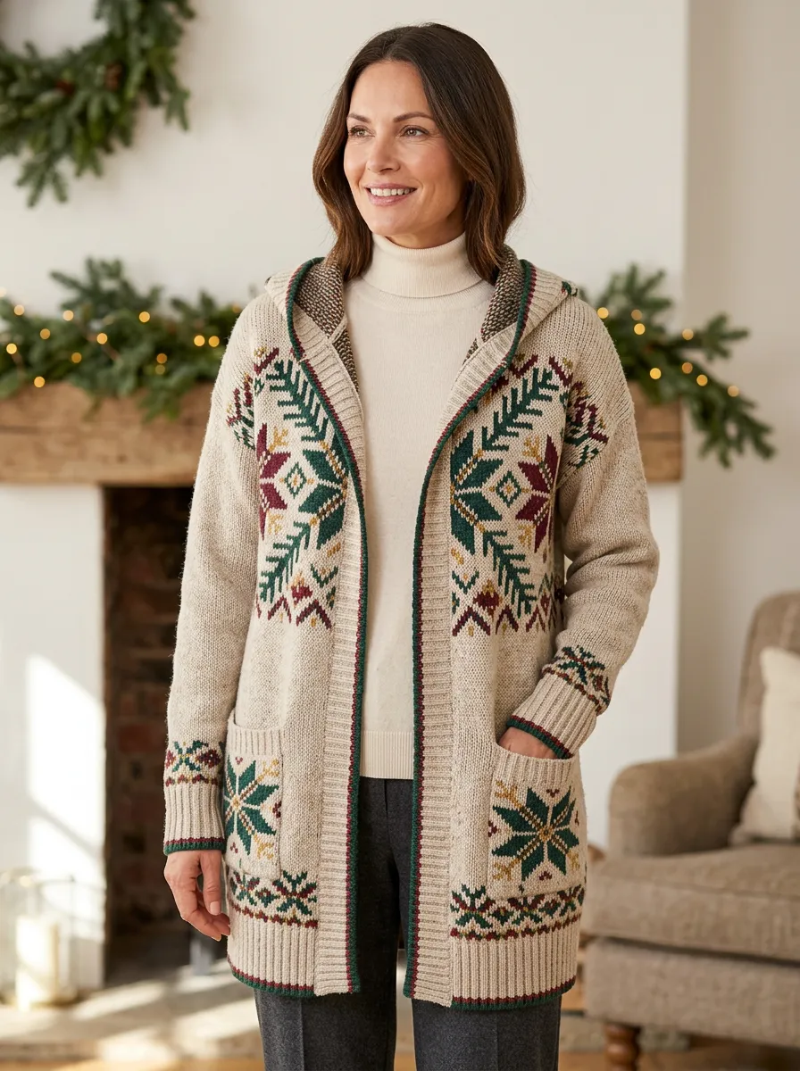 Christmas Snowflake Fair Isle Print Festive Hooded Cardigan