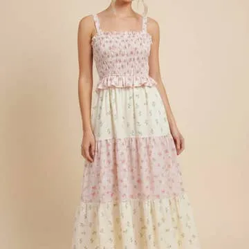 Floral Smocked Ruffle Detail Patchwork Dress