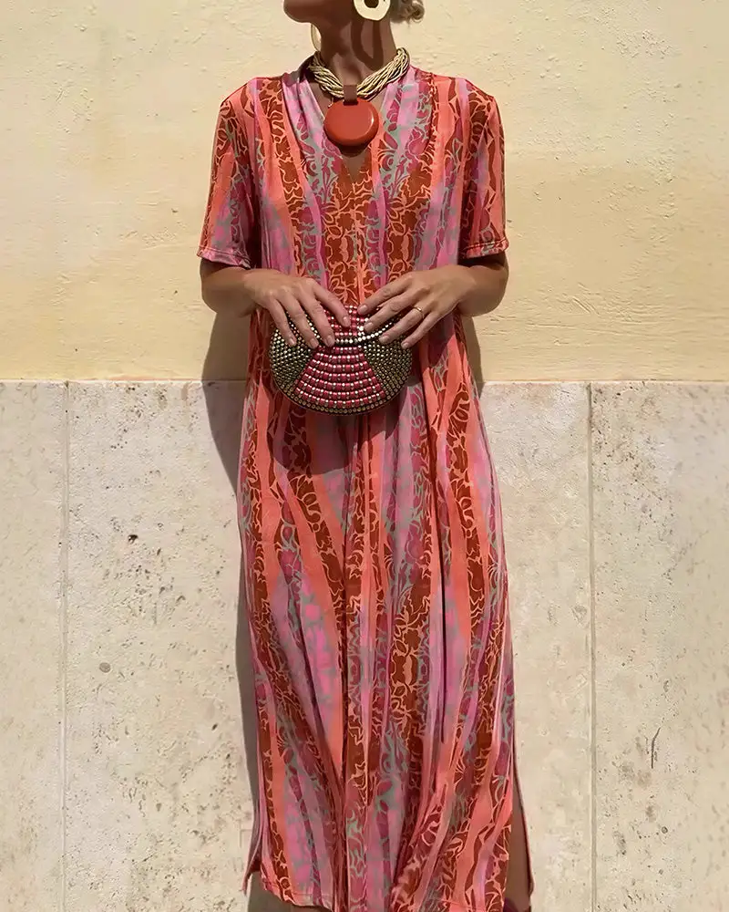 Boho V-Neck Printed Midi Dress