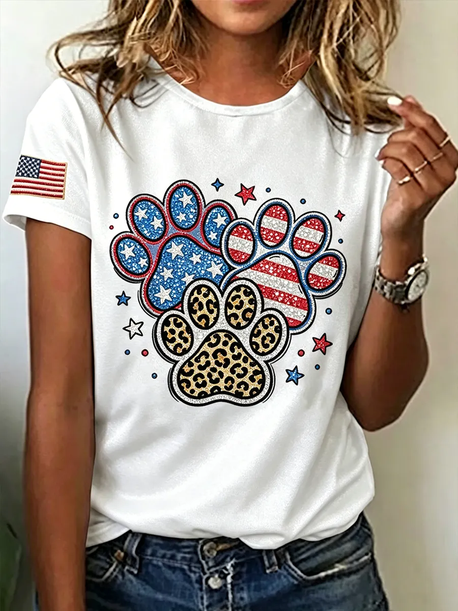 Women's casual American 250th anniversary celebration animal print short sleeved T-shirt