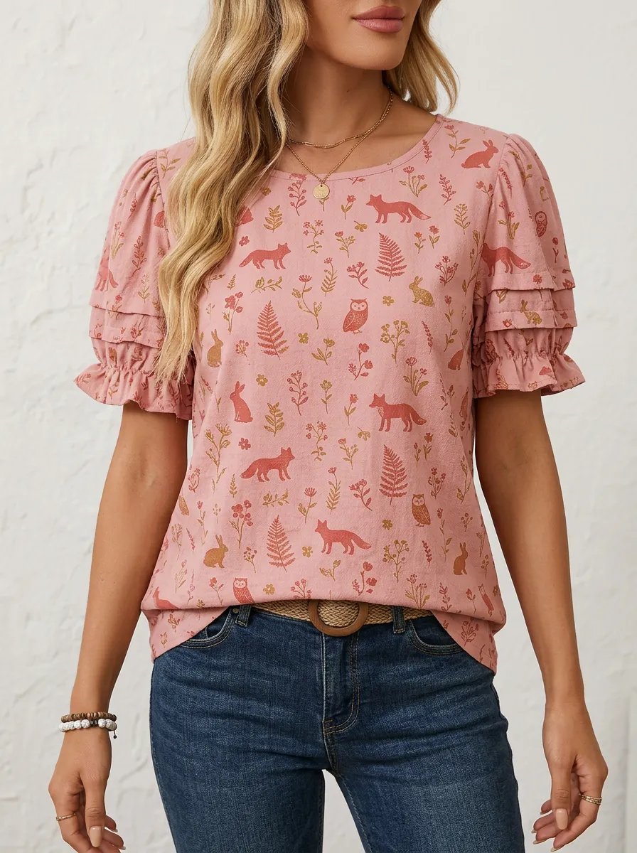 Fox Rabbit Woodland Women's Loose Printed T-Shirt