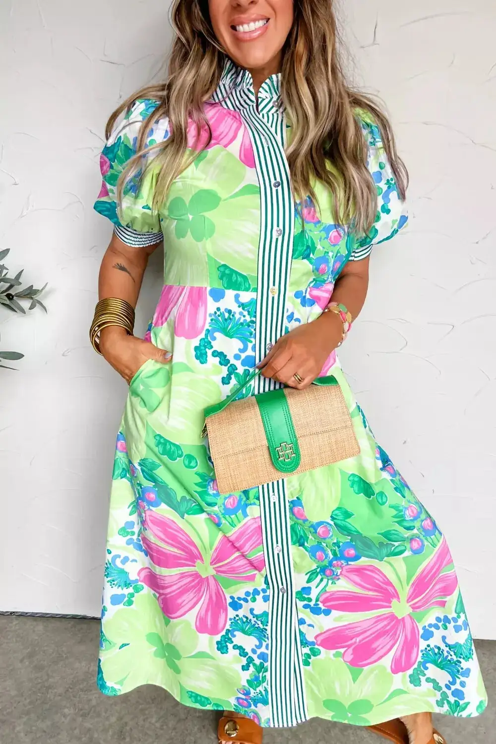 Button-Up Midi Dress with Puff Sleeves