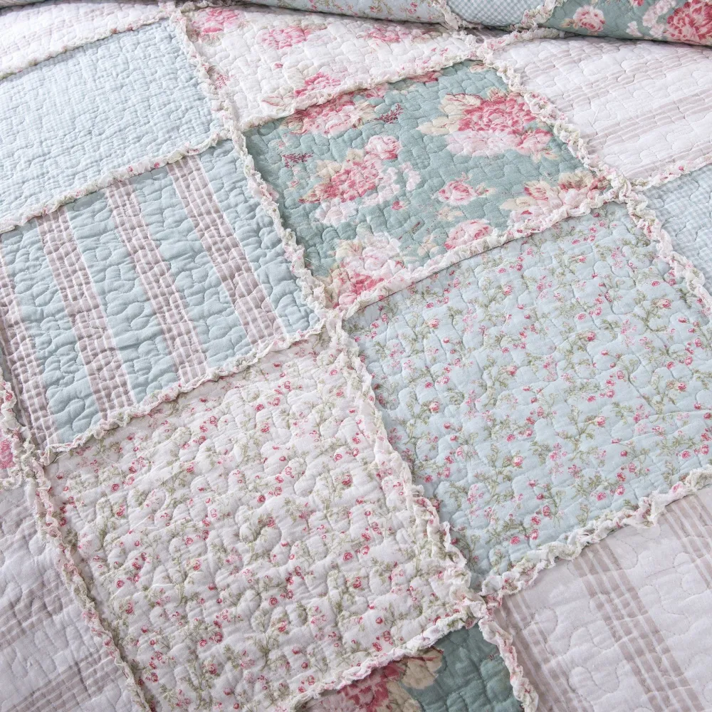Clean Cotton Floral Patchwork Ruffled Quilt Bedding Set