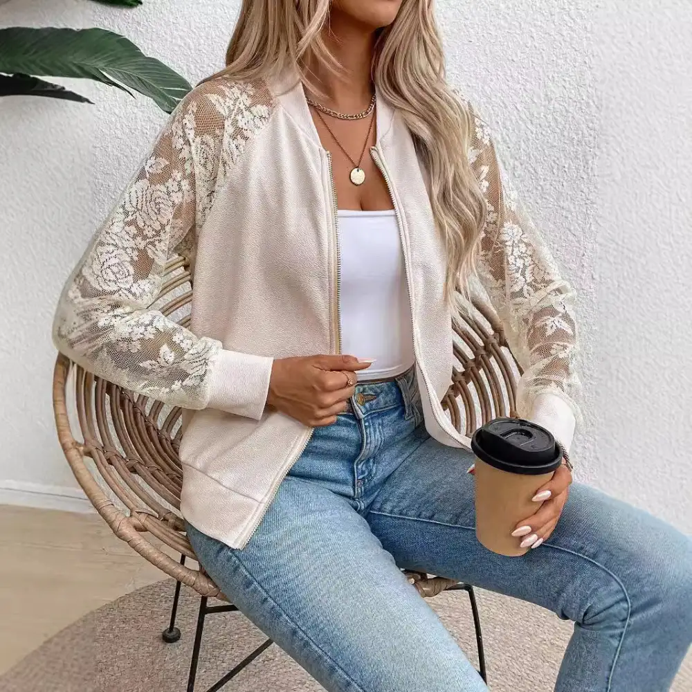 Floral Detail Zip Front Bomber Jacket