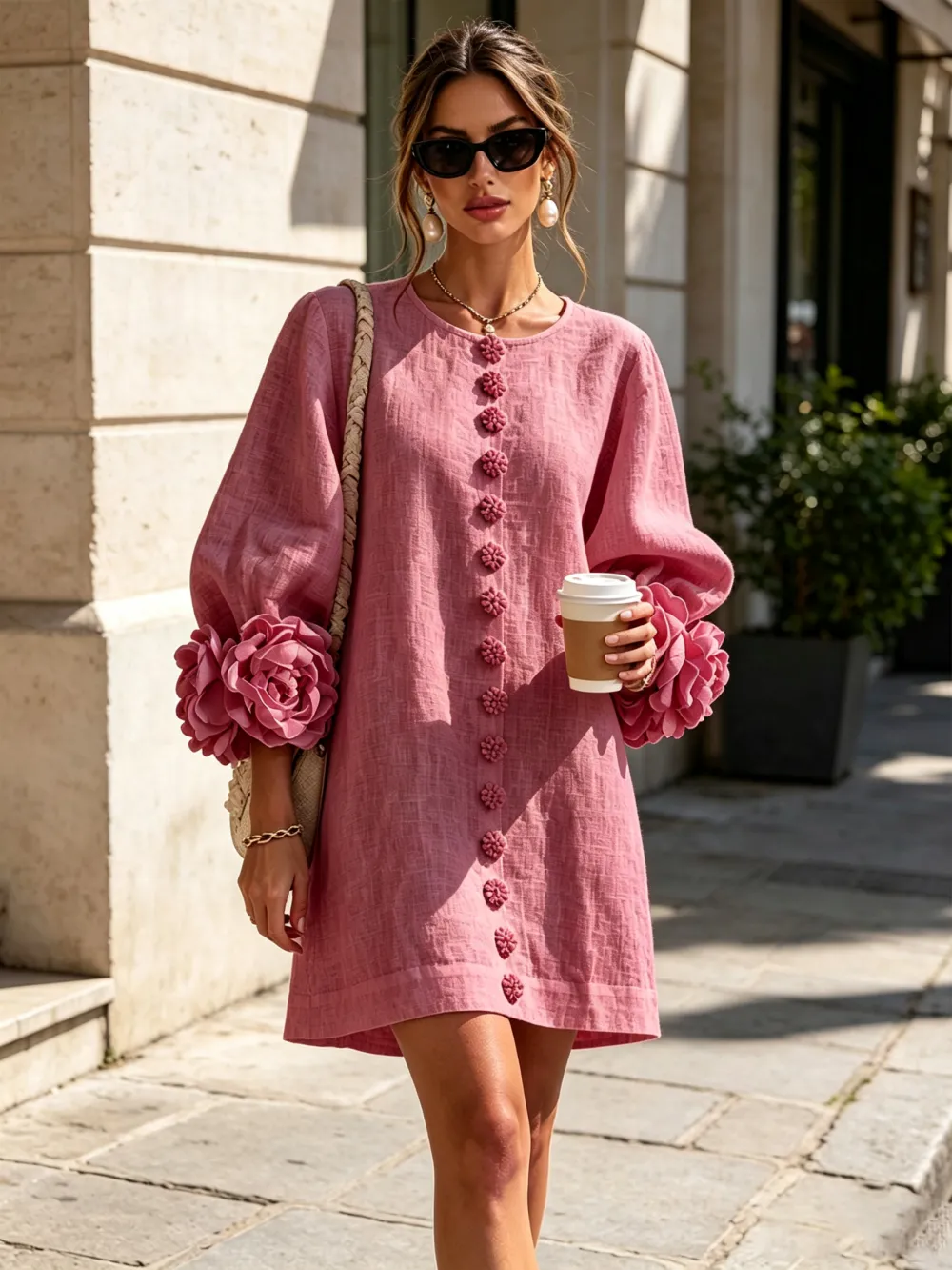 ✨New Arrivals & Special Offers-Floral Button-down Mini Dress With Striking Floral Cuffs