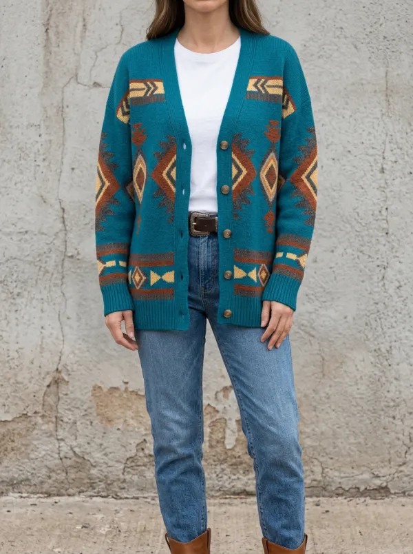 Women's Western Beige Southwestern Pattern Knit Cardigan