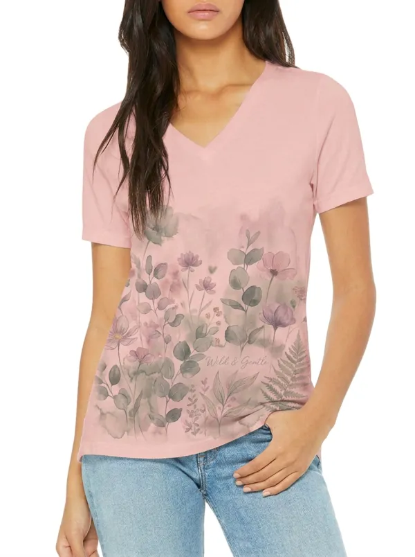 Women's Nature Lover Wild & Gentle Watercolor Floral Printed V-neck T-shirt
