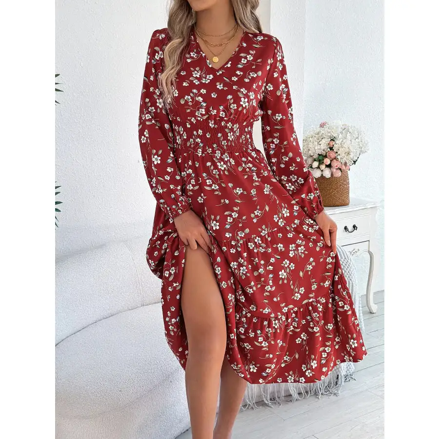 Long Sleeve V-Neck Midi Dress