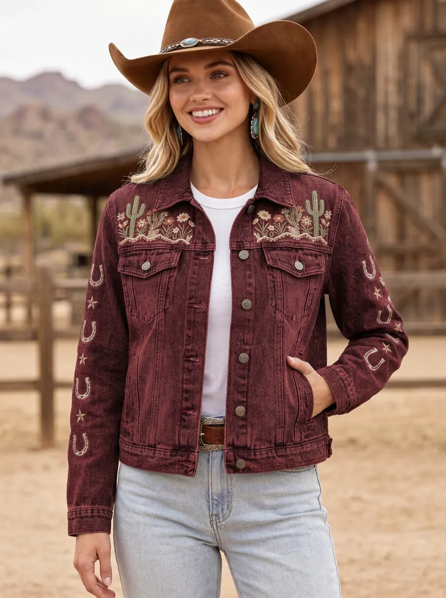 Women's Western Cowboy Horseshoe Horse Cactus Star Denim Jacket