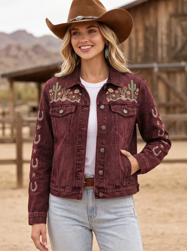 Women's Western Cowboy Horseshoe Horse Cactus Star Denim Jacket