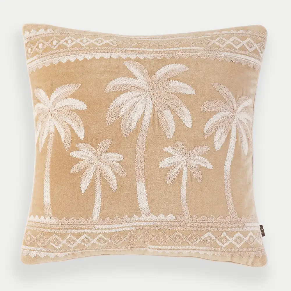 Beige Palm Embroidered Cushion Cover