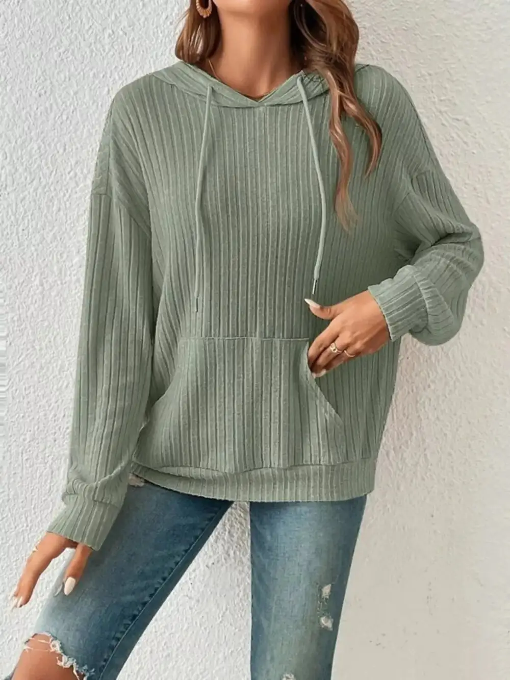 Relaxed Drawstring Pocketed Long-Sleeve Ribbed Hoodie