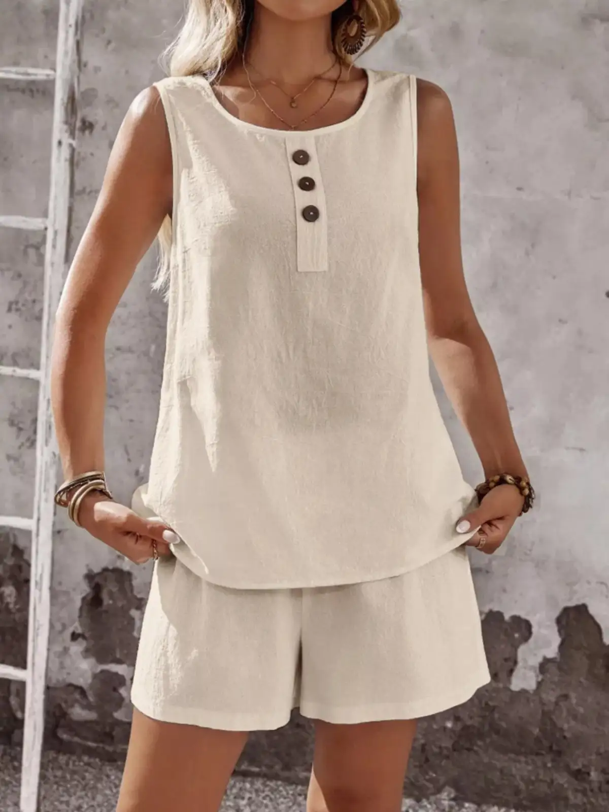 Round-Neck Button-Detail Cotton Shorts Matching Set