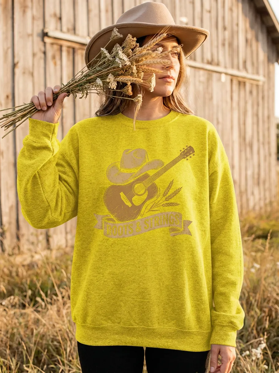 Rustic Guitar Cowboy-Hat Women's Country Music Crew Neck Sweatshirt