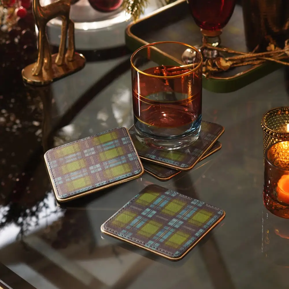 Plaid Faux Leather Coaster Set